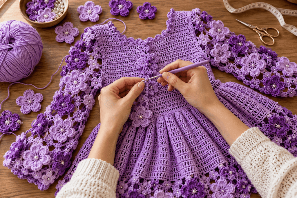 Step by step crochet flower motif made with purple yarn