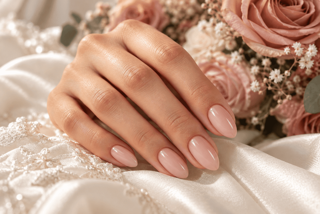 Soft blush pink bridal nails with a delicate glossy finish.