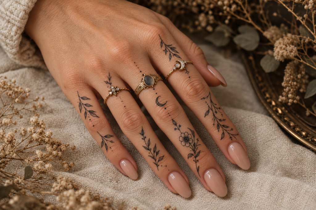 Delicate botanical witchy finger tattoos with leaves, flowers and celestial details