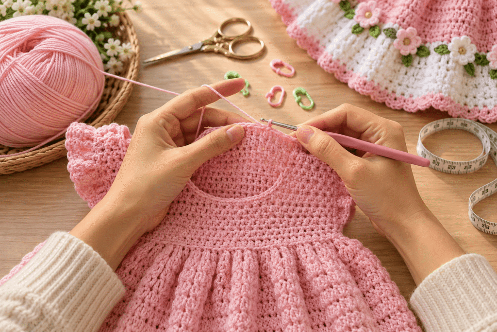 Hands crocheting pink stitches for a baby dress bodice