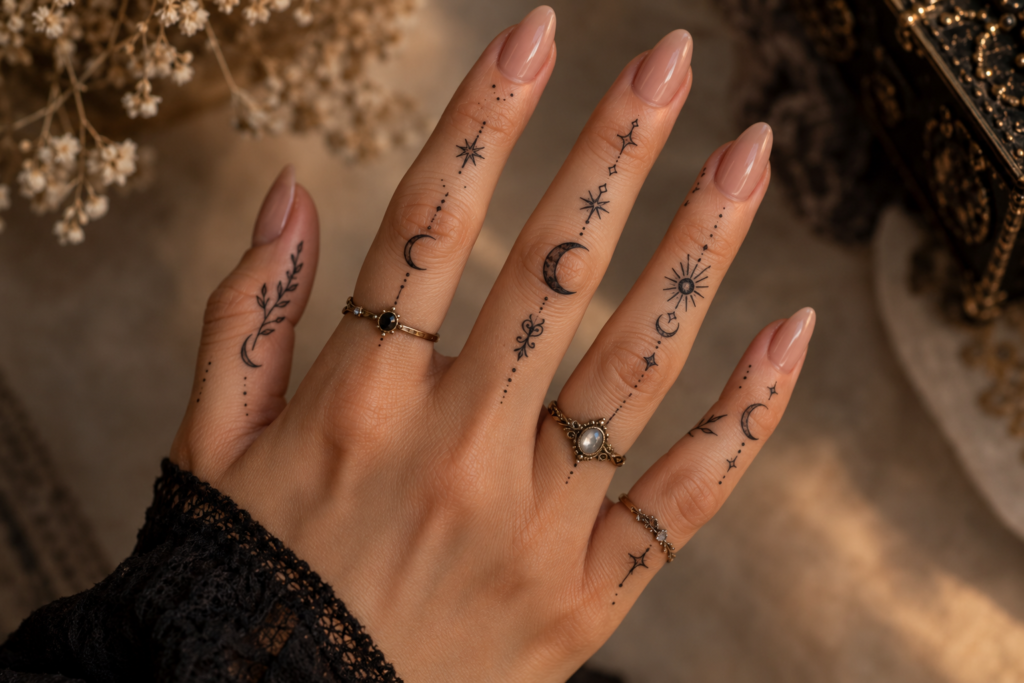 Witchy finger tattoo combination featuring moons, crystals, flowers and stars