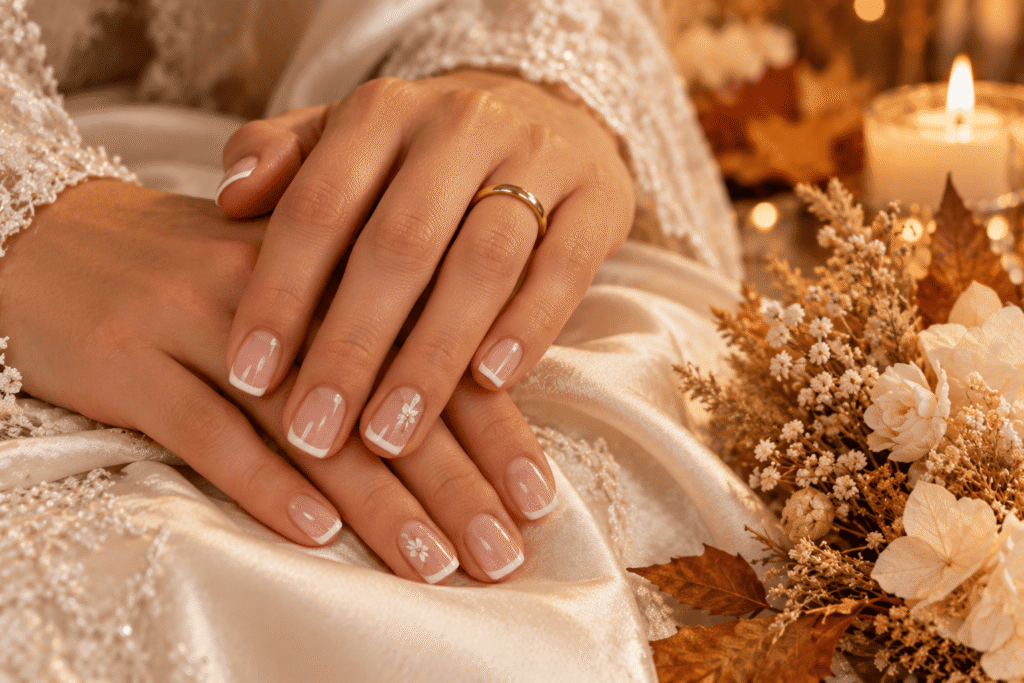Elegant almond bridal manicure styled with wedding rings, ivory details and autumn flowers.