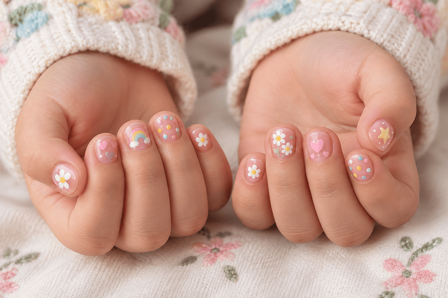 Cute nails for children featuring colorful flowers, hearts, rainbows and stars