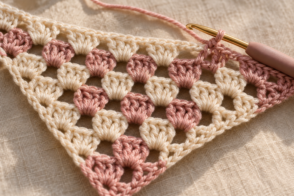 Close-up of granny stitch clusters and chain spaces in crochet bandana