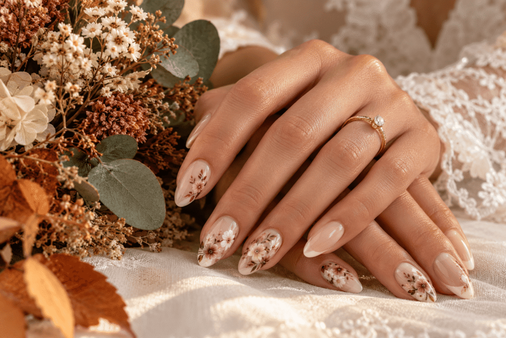 Almond-shaped nude and burgundy wedding nails with subtle gold details for a fall bridal look.