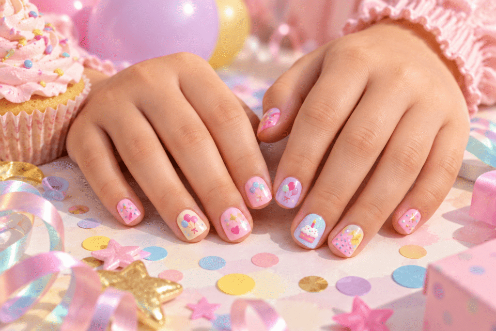 Cute birthday nail designs for kids with pastel balloons and stars