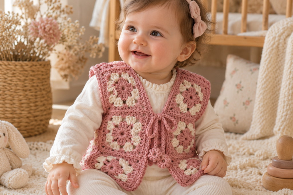 Baby wearing a handmade granny square crochet vest