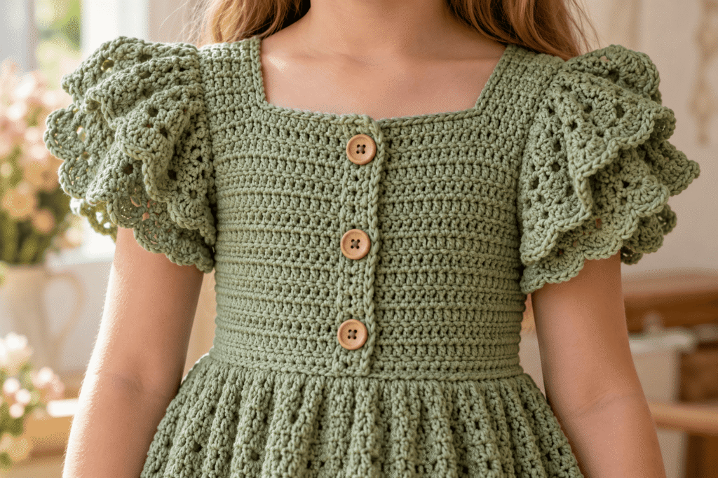 Close-up of crochet bodice stitches and button band on a girl dress