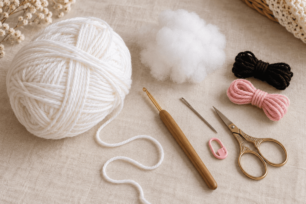 White yarn, crochet hook, stuffing, embroidery thread, needle, scissors, and stitch marker for making a crochet ghost.