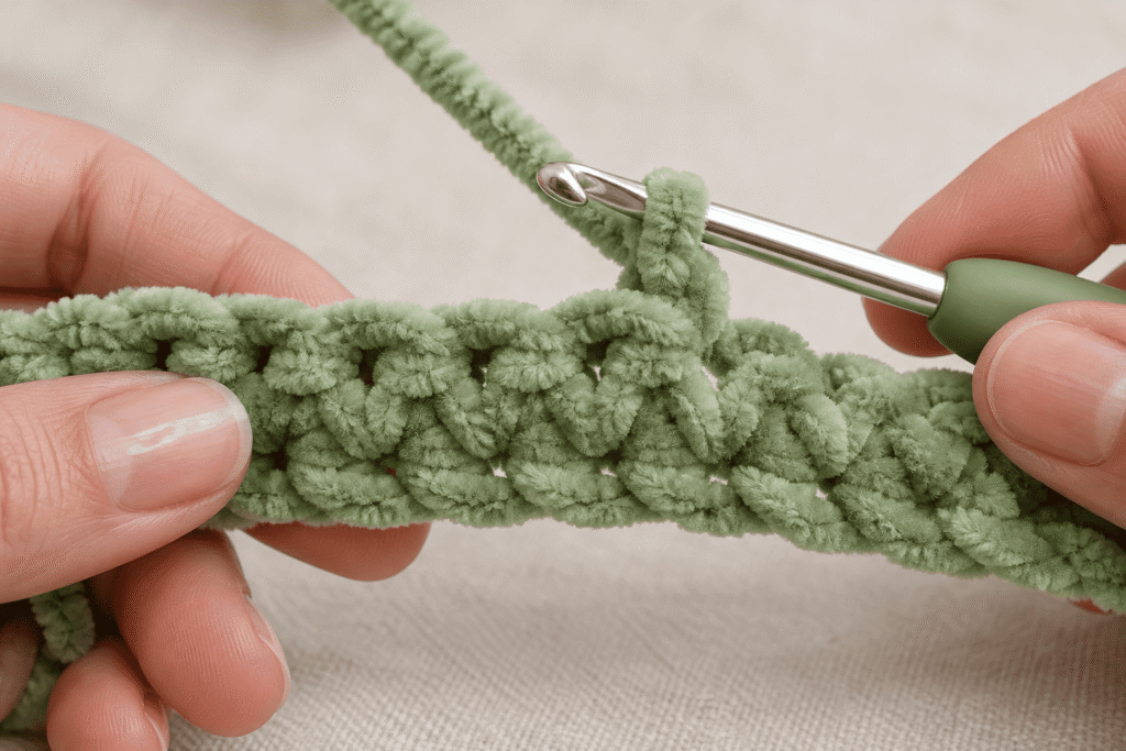 Close-up of green chenille crochet stitches showing the loops used when working amigurumi.