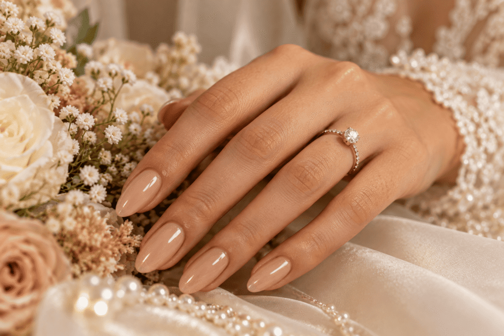 Soft almond nude wedding nails with a warm beige glossy finish.