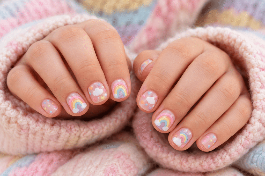 Colorful pastel rainbow nail designs on short children's nails