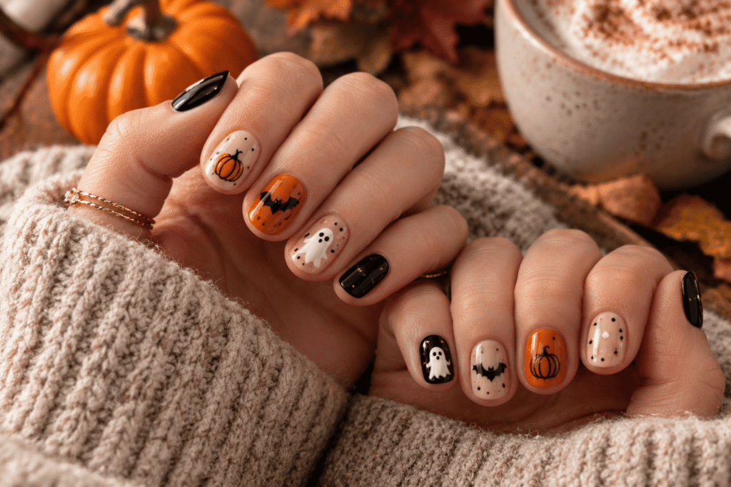 Short Halloween nails with simple ghosts, pumpkins and black details