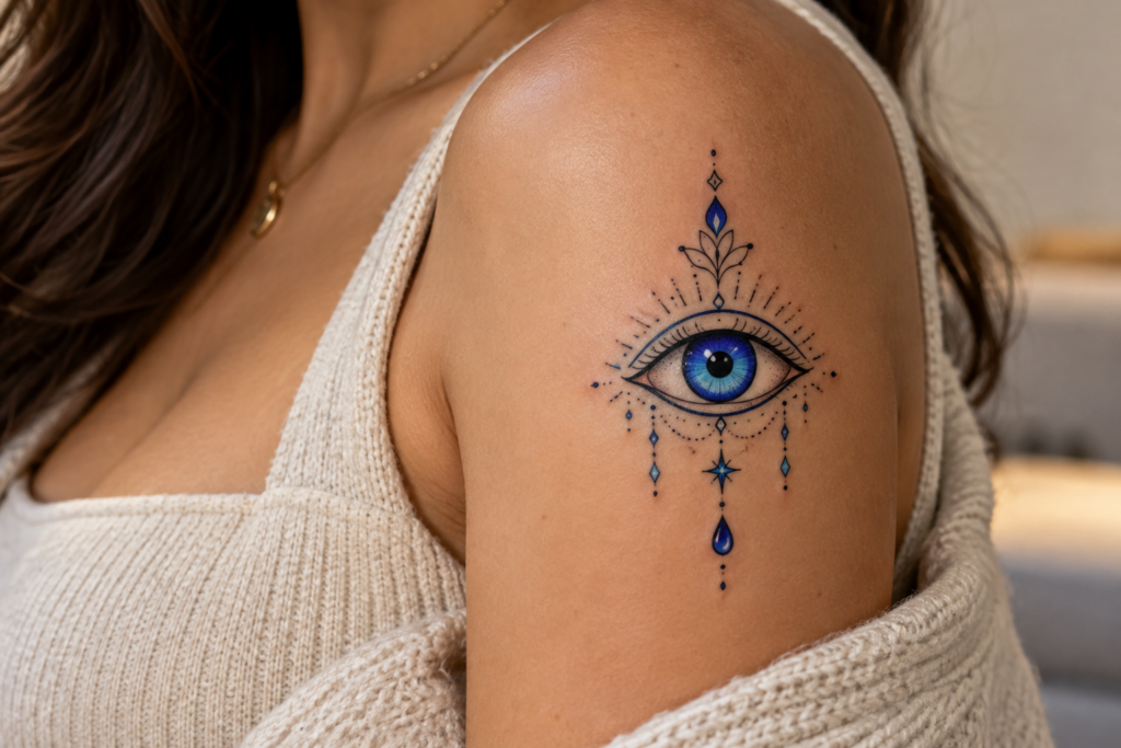 Blue evil eye tattoo with fine-line ornamental details on the upper arm