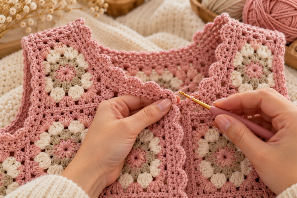 Adding a crochet edging to a granny square baby vest