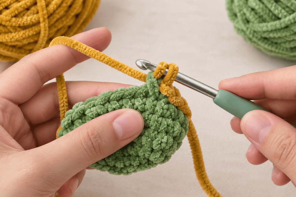 Mustard-gold chenille yarn being introduced into a green crochet piece for a color change.
