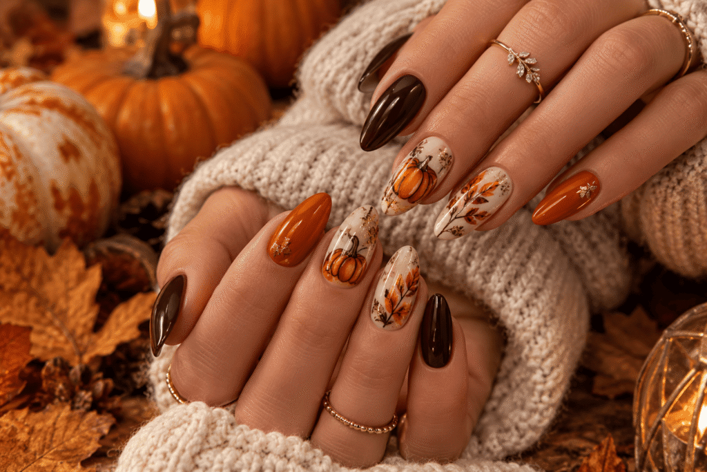 Orange pumpkin Halloween nail art with autumn leaves and warm colors