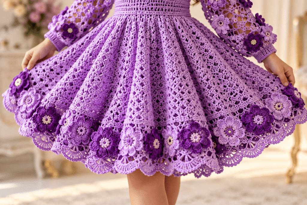 Hands crocheting purple yarn for a handmade flower dress