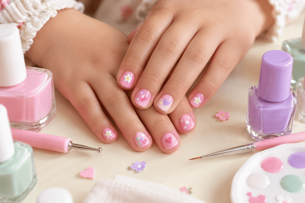 Easy beginner nail art ideas for kids with pastel colors and dots