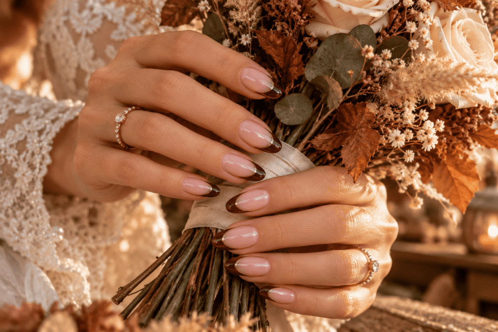 Modern neutral October wedding nails with nude, ivory, mocha and minimalist gold details.