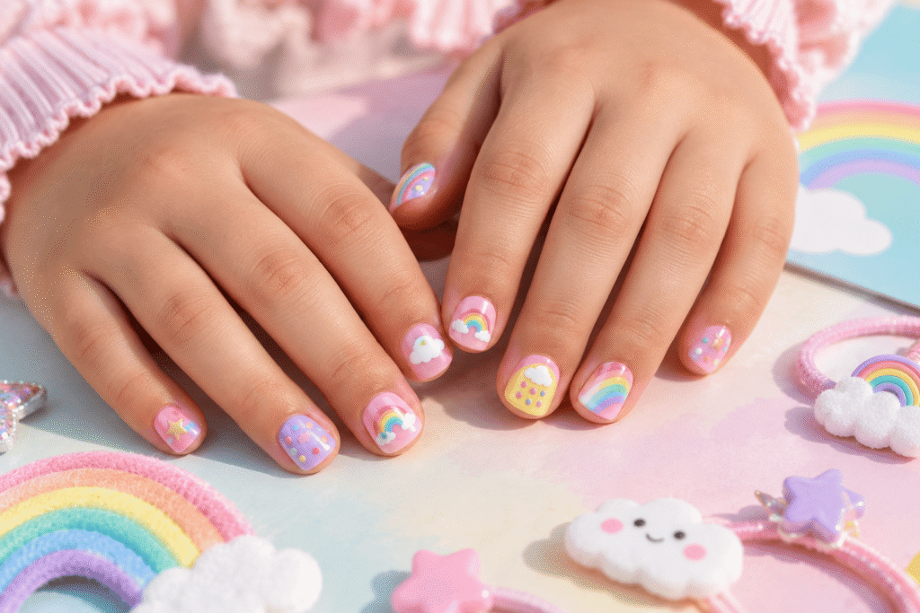 Cute pastel nail designs for kids with flowers, hearts and stars