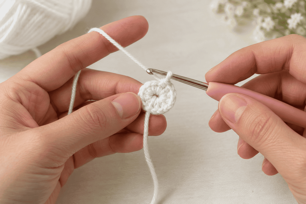 Close-up of white yarn being crocheted into a magic ring to start the ghost amigurumi.
