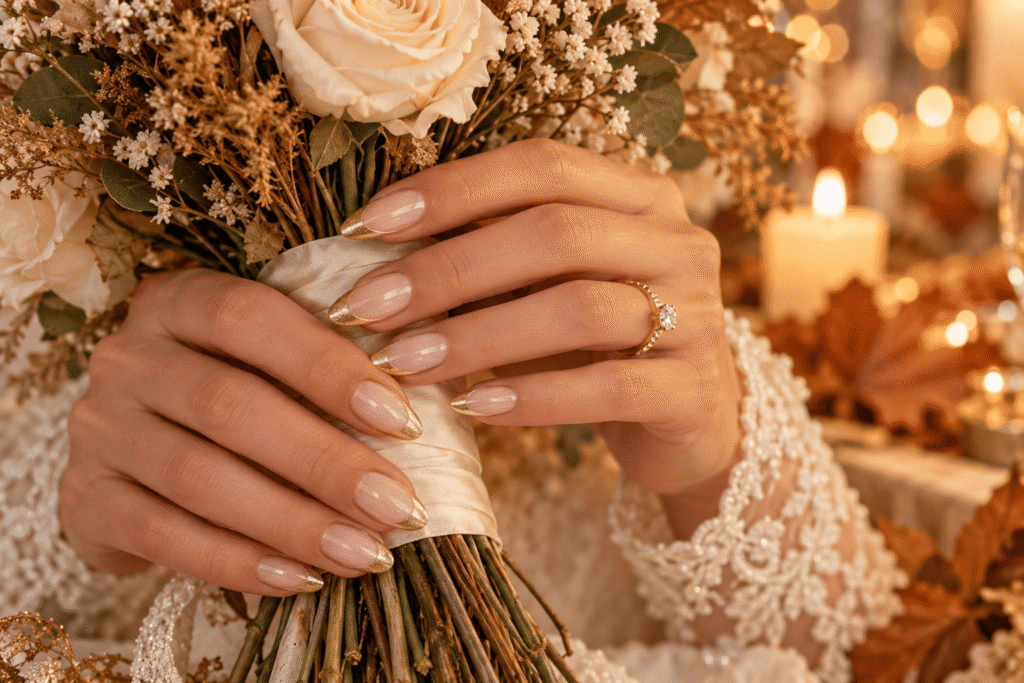 Elegant pearl chrome bridal nails with a soft ivory finish and subtle pearl accents.