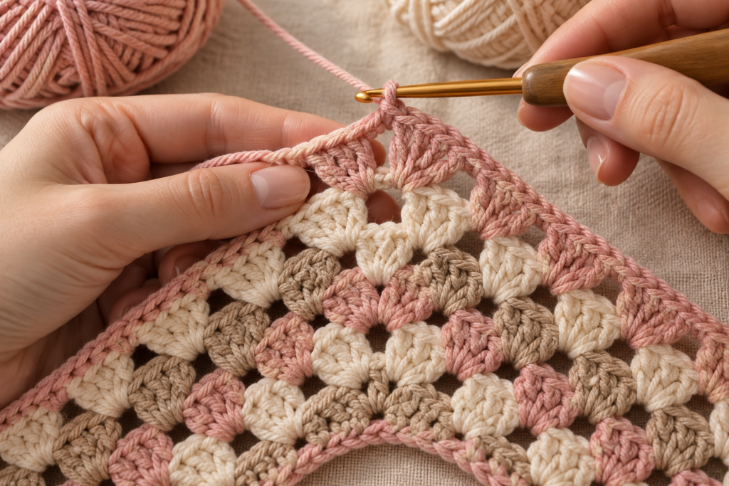 Hands making a granny stitch corner increase for a crochet triangle bandana