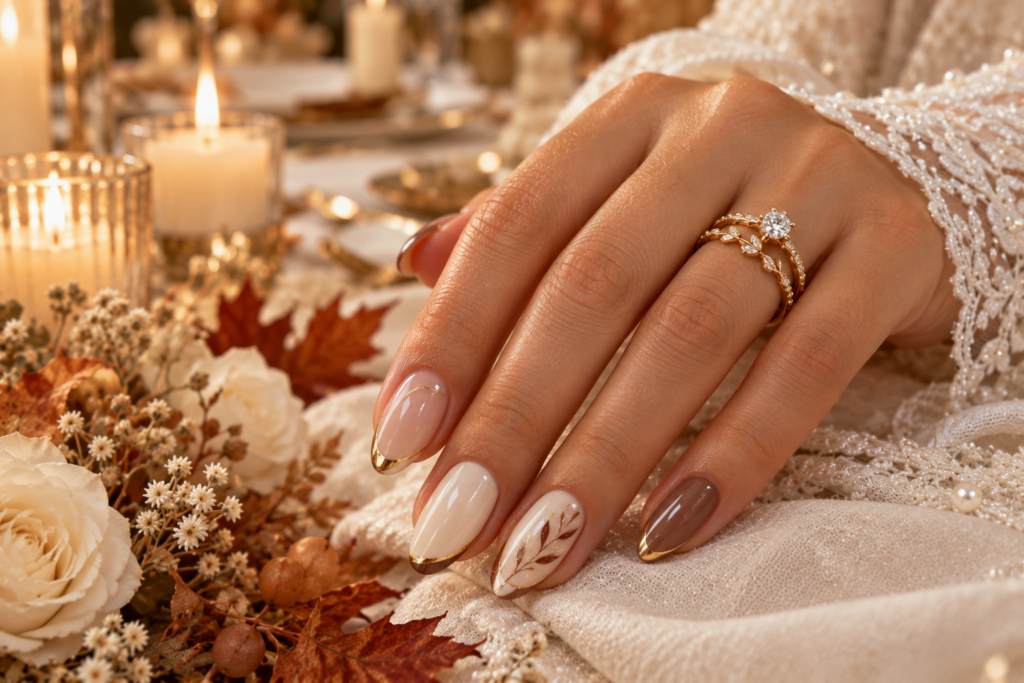 Sheer blush nude October wedding nails with delicate ivory French tips and a glossy bridal finish.