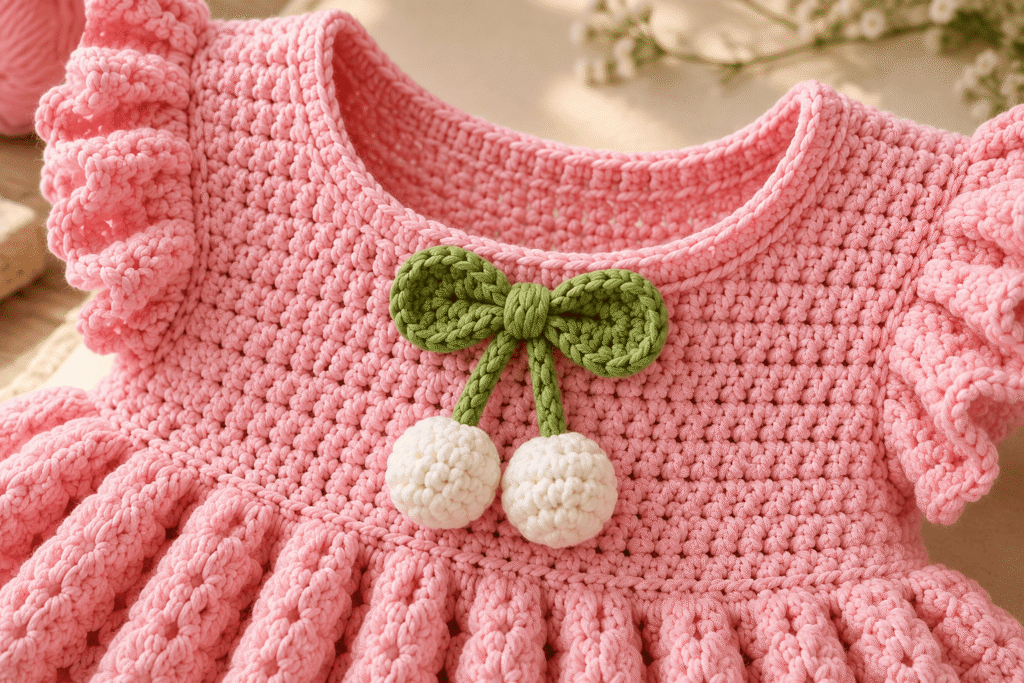Green crochet cherry bow with white crochet cherries on a pink baby dress