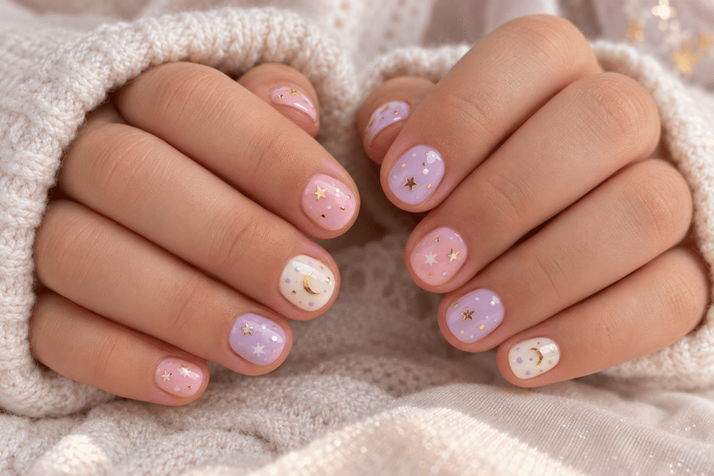 Cute celestial star and moon nail art on short children's nails