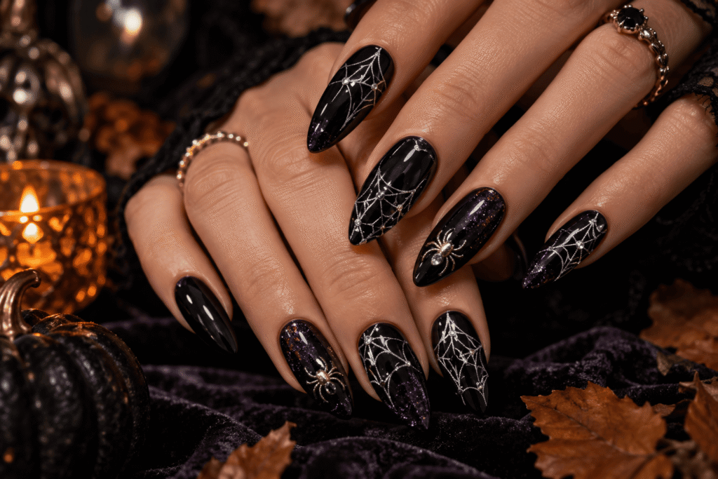 Black Halloween nails decorated with delicate spider web nail art