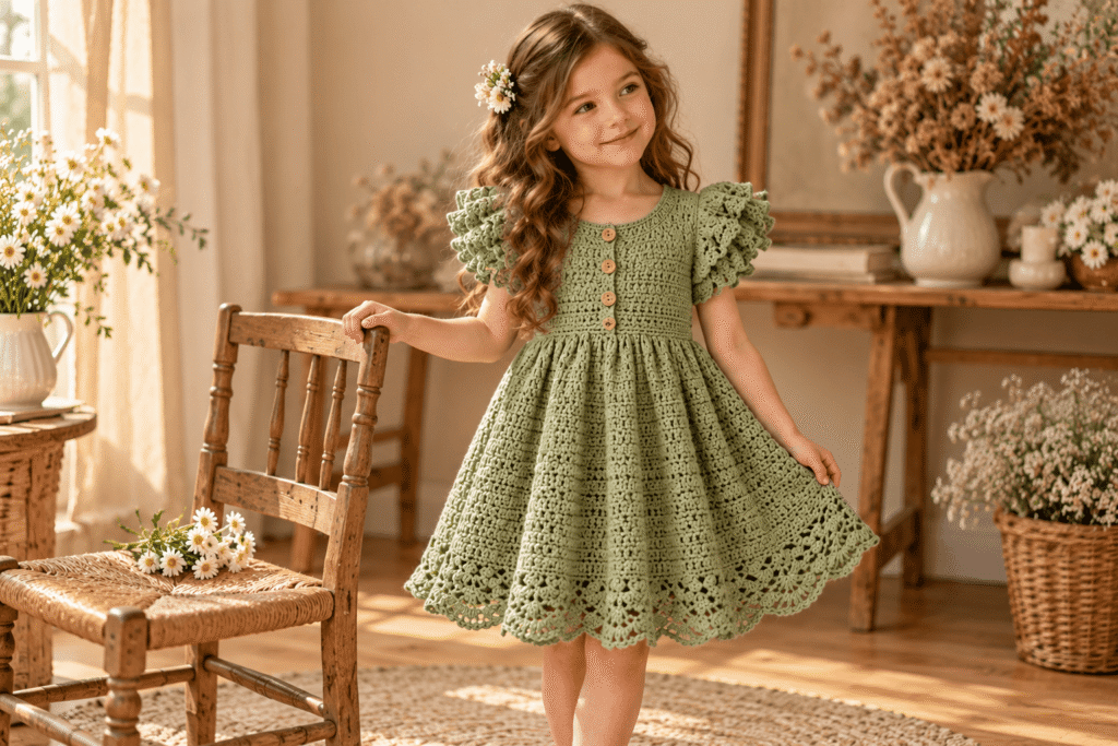 Finished sage green crochet girl dress with ruffled sleeves and scalloped hem