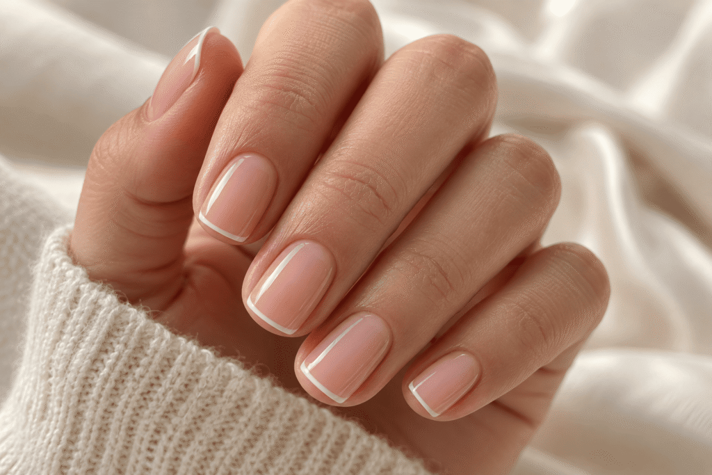 Minimalist micro French wedding nails with delicate ivory tips on a sheer blush base.