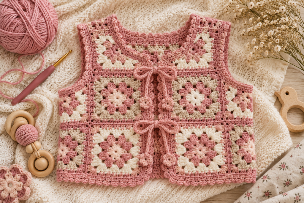 Finished dusty pink granny square crochet baby vest