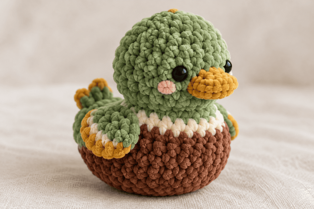 Green and brown chenille crochet duck with cream and gold details and a light-pink accent.