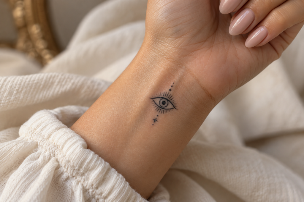 Small minimalist evil eye tattoo in fine-line black ink on the wrist
