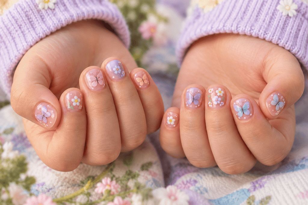 Pastel butterfly nail art on short rounded children's nails