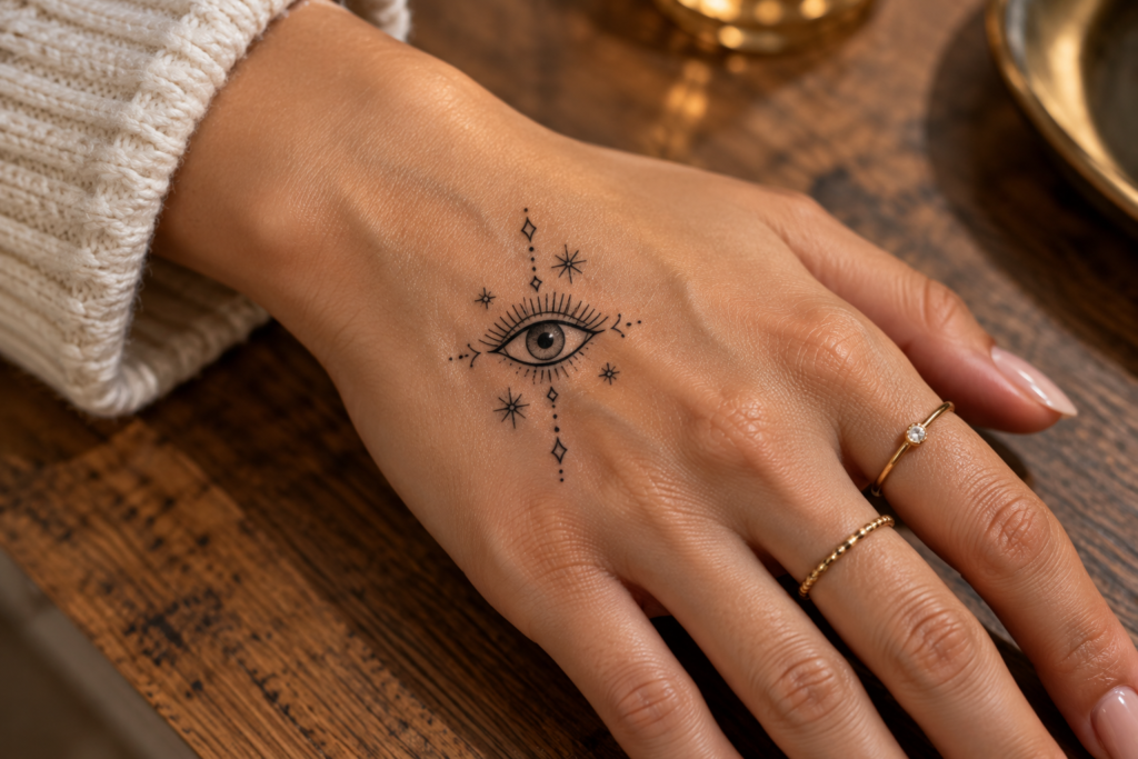 Fine-line evil eye tattoo with tiny stars on the back of the hand