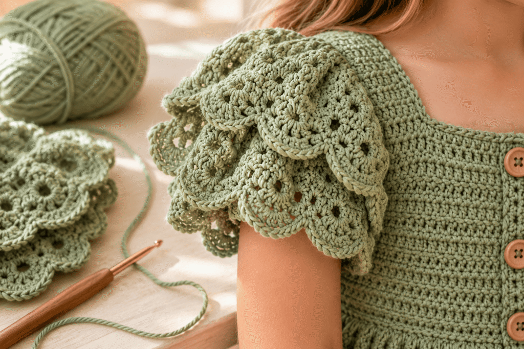 Sage green crochet puff sleeve with ruffled edging for a girl dress