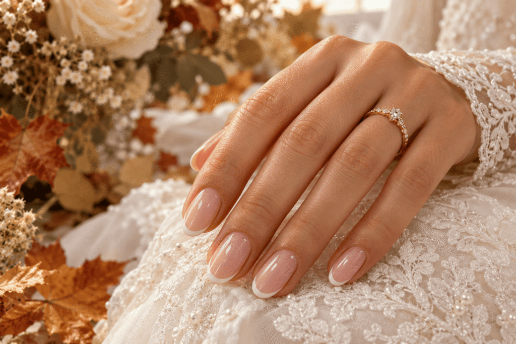 Nude almond wedding nails decorated with delicate ivory and autumn floral details.