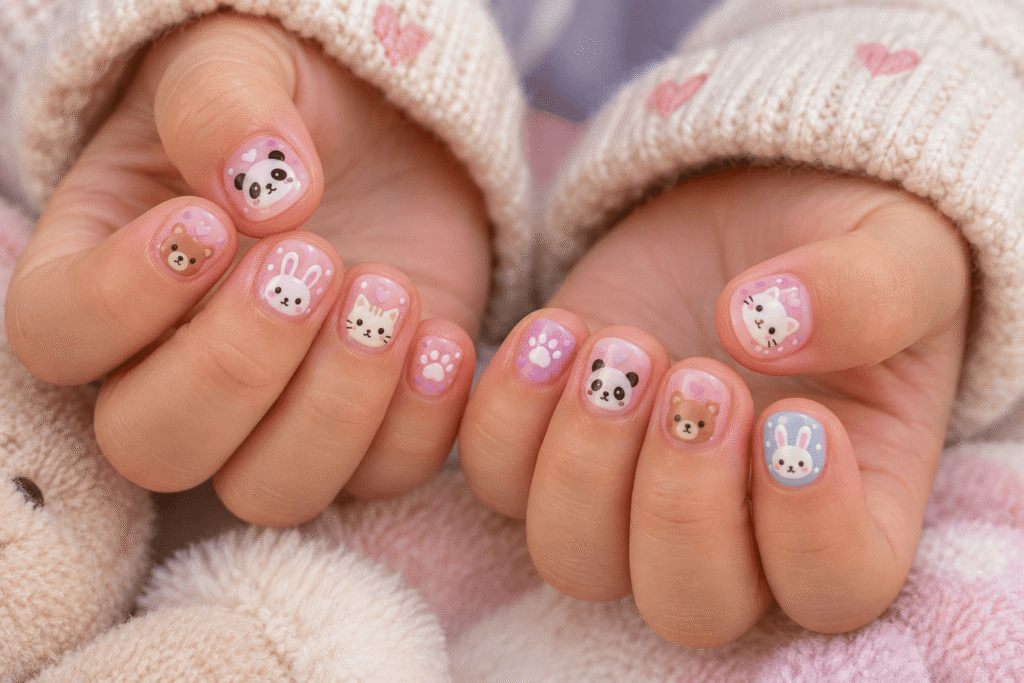 Adorable animal nail art featuring pandas, bears, cats and paw prints