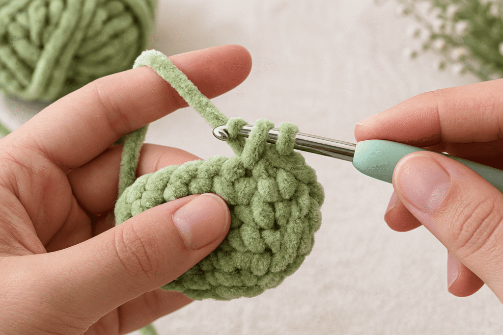 Crochet hook working two single crochet stitches into the same stitch in green chenille yarn.