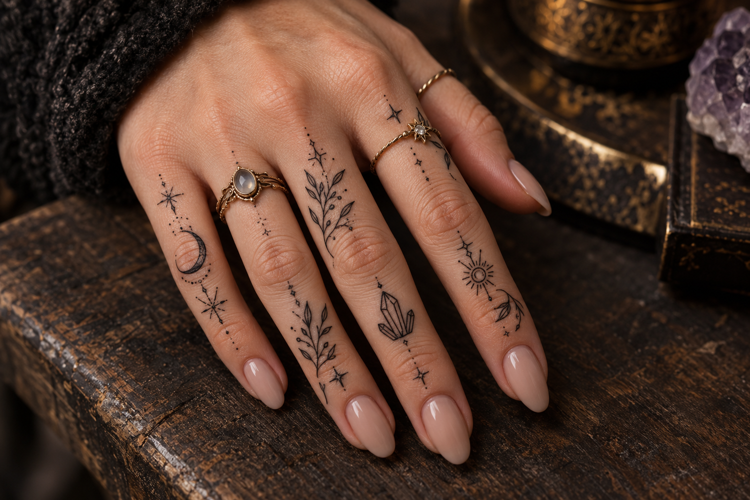 Witchy finger tattoos featuring moons, stars, crystals and botanical symbols
