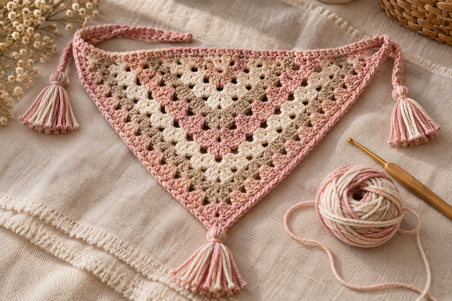 Blush pink and cream granny square triangle crochet bandana with tassels