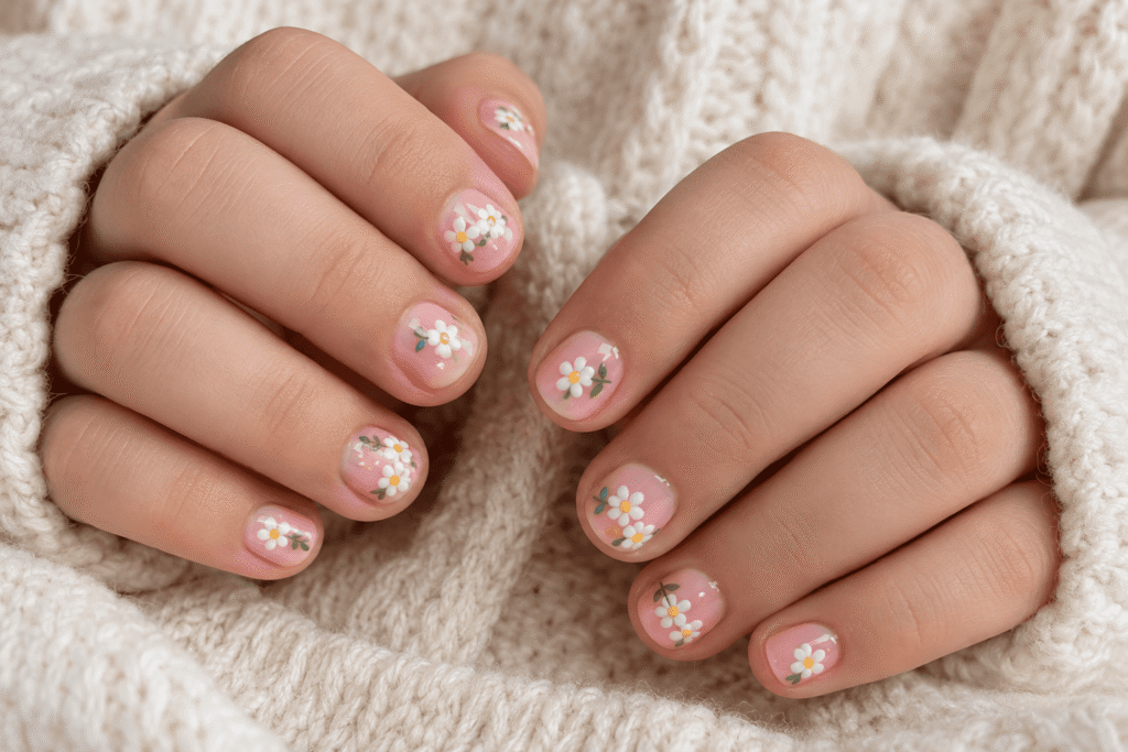 Short pink nails with tiny white and yellow flowers for children