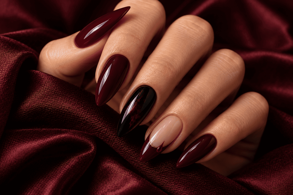 Vampire-inspired Halloween nails with deep burgundy polish and glossy black accents.