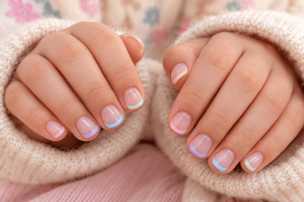 Short children's nails with colorful pastel French tips