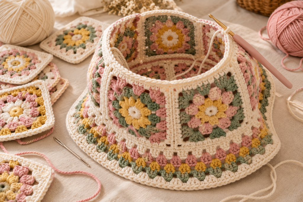 Partially assembled granny square crochet bucket hat being shaped into a rounded crown