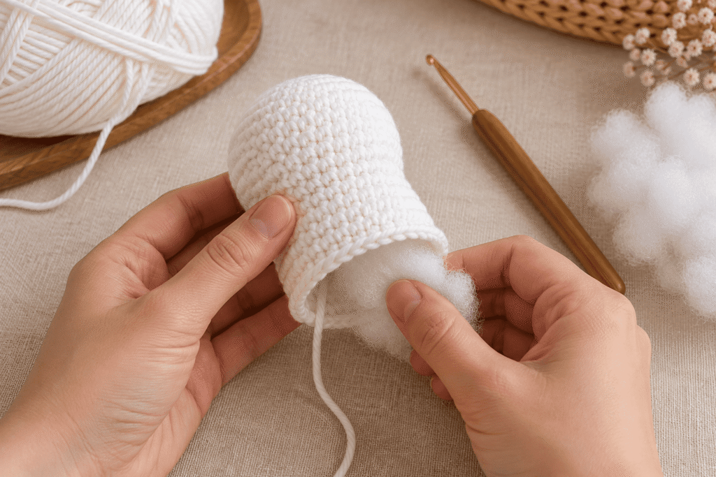 White polyester stuffing being added through the opening of a partially completed crochet ghost body.
